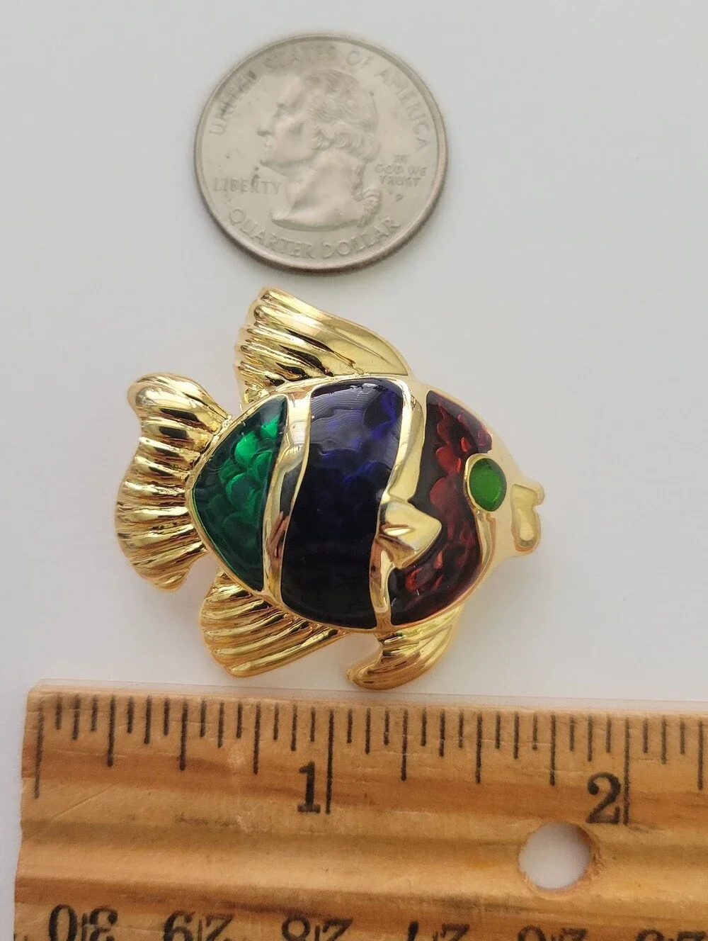 Vintage Gold fish brooch Pin with green, blue, and red enamel stripes